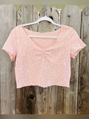Pink Floral Ruched V-Neck Crop Top